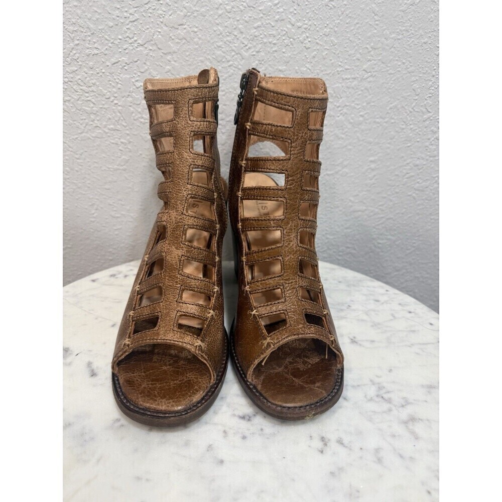 Bed|Stü Women's Gladiator Sandals Brown Leather Peep Toe Booties Zip organic